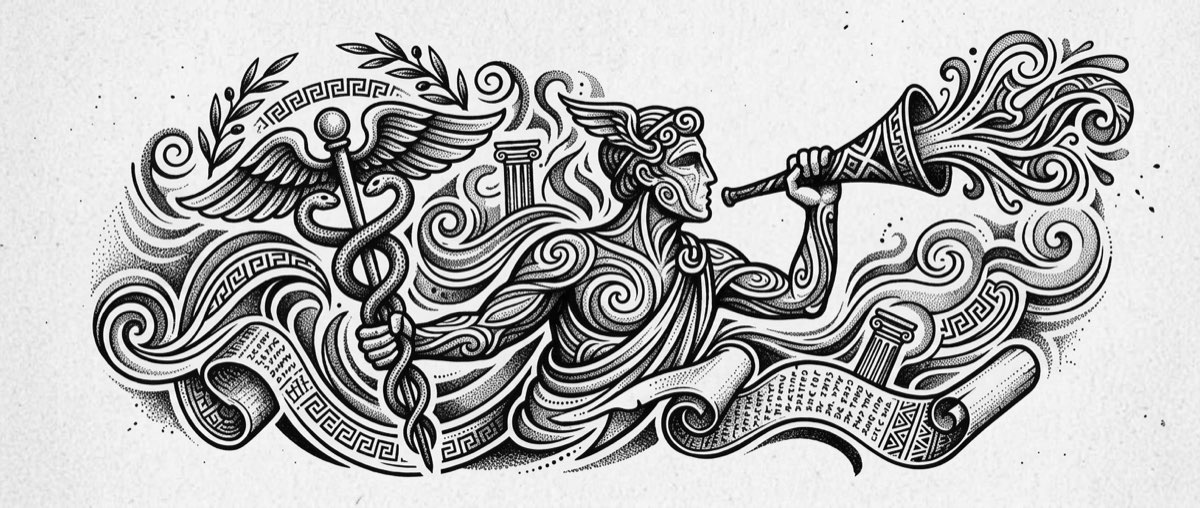 Engraving of a Greek herald with a winged staff, blowing a trumpet over a scroll.